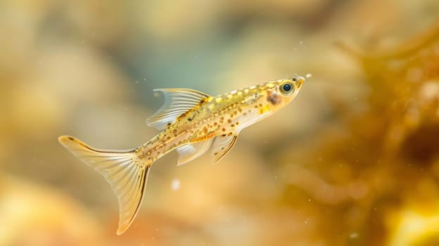 A small yellow fish gracefully swims among plants and rocks in a glass aquarium, its fins gently propelling it forward. The fishs scales glisten in the artificial light, creating a vibrant display of colors and patterns.