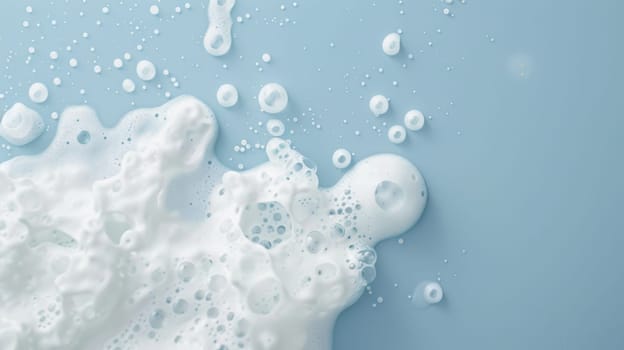 A blue background filled with bubbles and water creates a dynamic and fluid scene. The bubbles float in various sizes and shapes, reflecting the light and adding texture to the smooth water.