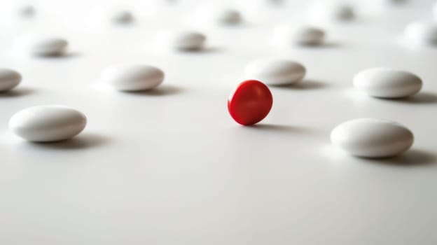 A collection of white and red pills is neatly arranged on top of a table, creating a stark contrast in colors. The pills are various shapes and sizes, placed in a random pattern.