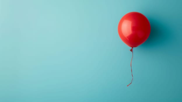 A single red balloon floats gently in the air against a plain blue background. The balloon appears to be filled with helium, causing it to rise gracefully and freely.