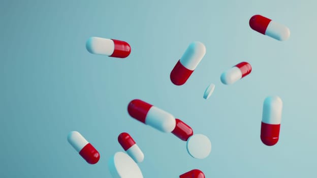 A group of red and white pills are suspended in the air, appearing weightless against a blank background. The pills are various shapes and sizes, creating an interesting visual contrast.
