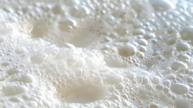 Numerous bubbles are shown in extreme close-up on a white surface, each reflecting light and creating a textured pattern. The bubbles vary in size and shape, some merging into larger ones while others pop and disappear.