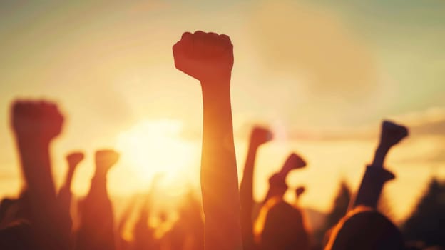 A large group of individuals gathered together, all with their fists raised high in the air in a unified gesture of strength and solidarity. The crowd appears energized and passionate, standing together in a powerful display of unity.