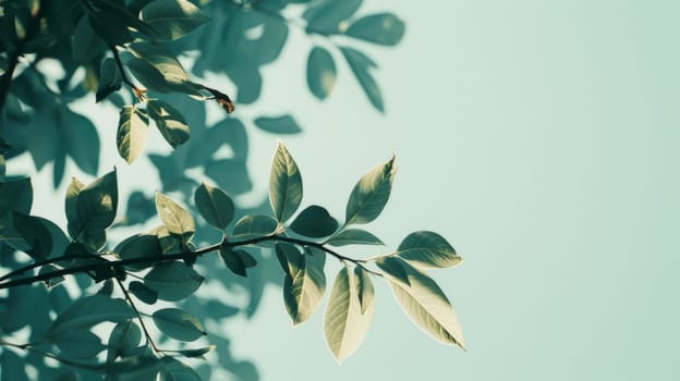 A tree branch filled with green leaves extends towards a clear blue sky, showcasing natures beauty and resilience in the face of the skys vastness.