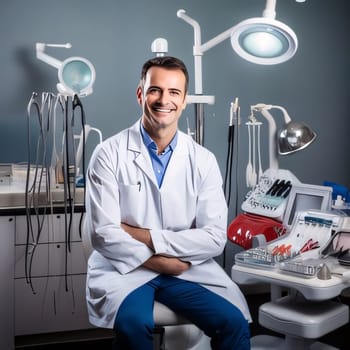 Hospital and doctors help: Portrait of smiling male dentist sitting with arms crossed in dental office