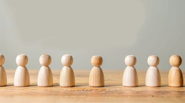 A group of small wooden figures are displayed sitting on top of a wooden table. Each figure is carefully carved and positioned, creating a unique and artistic arrangement. The table provides a sturdy base for the figures to sit upright, showcasing their intricate details and craftsmanship.