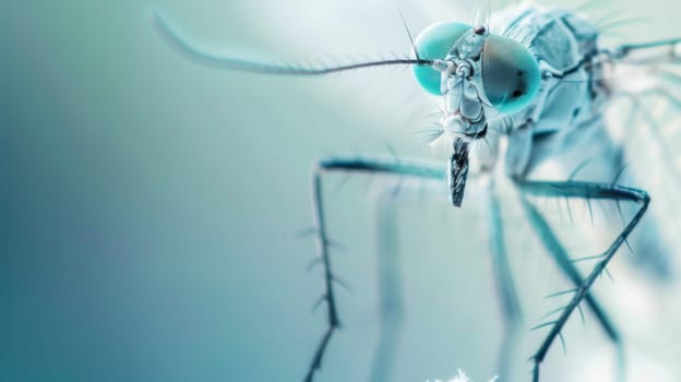 This close-up view shows a mosquito perched on a vibrant blue background. The insects delicate wings, slender legs, and needle-like mouthpart are visible in detail. The mosquito appears poised, possibly in search of a host for a blood meal.