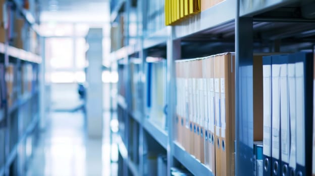 A long row of metal shelves filled with neatly organized files and folders. The files are stacked in a systematic manner, creating a sense of order and efficiency in the storage space.