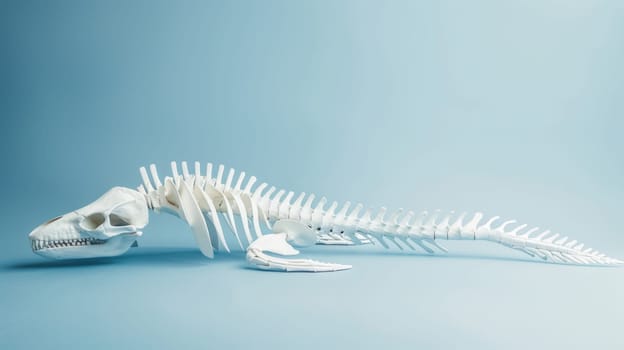A dinosaur skeleton is visible against a blue background, showcasing the structure of the prehistoric creature. The bones are well-defined and displayed in a museum or educational setting.