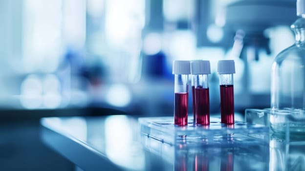 Three glass test tubes are arranged on a table, each filled with a bright red liquid. The test tubes are clear, showing the liquid inside. The table surface appears smooth and clean.
