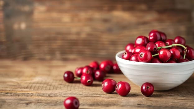 A white bowl is positioned atop a wooden table, overflowing with vibrant red cranberries. The contrast between the snow-white bowl and the striking red berries creates a visually appealing display.