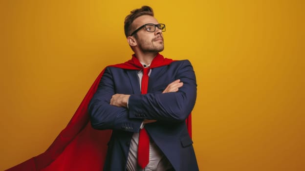A man dressed in a formal suit and a vibrant red cape stands confidently with his arms crossed. The scene exudes power and authority as the man displays a strong and determined posture.
