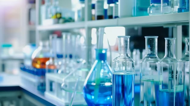 A shelf lined with numerous containers full of vivid blue liquid, creating a striking visual display. The liquids vary in shades from light to dark blue, filling the shelf to capacity.