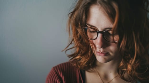 A woman wearing glasses focused on her cell phone screen, appearing absorbed in the content displayed. She is seated, with her head slightly tilted downwards.
