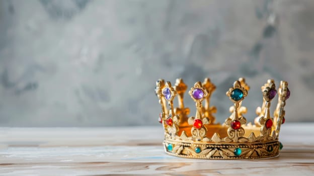 A regal gold crown is placed elegantly on top of a sturdy wooden table. The intricate details of the crown gleam under the light, showcasing its royal craftsmanship.