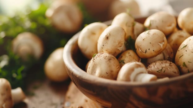 A wooden bowl sitting on a table, overflowing with an assortment of freshly picked mushrooms. The rich earthy tones of the mushrooms contrast beautifully against the natural wood of the bowl.