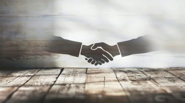 Two individuals are engaging in a handshake across a simple wooden table. The moment captures a professional or social interaction between the two people.