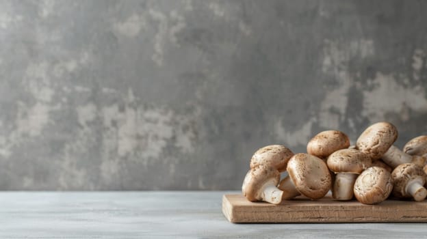 A collection of various mushrooms piled on top of a wooden cutting board. The fungi are different in shape, size, and color, showcasing a diverse assortment of edible mushrooms.
