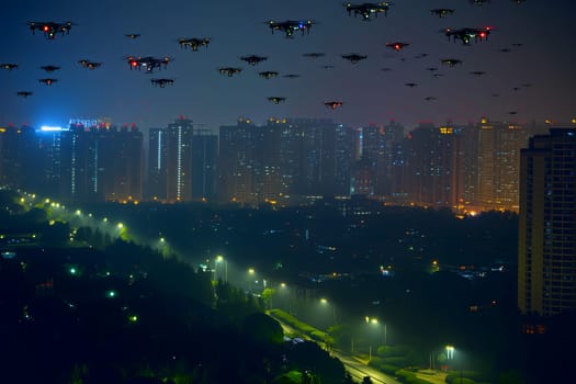 Group of drones over city at summer morning. Neural network generated image. Not based on any actual scene or pattern.