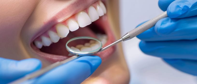 Close-up of a thorough oral health check, showcasing a dentist's hands with tools inspecting a patient's bright smile