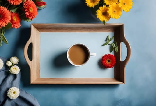 AI generated of a cup of coffee and flowers on a wooden tray