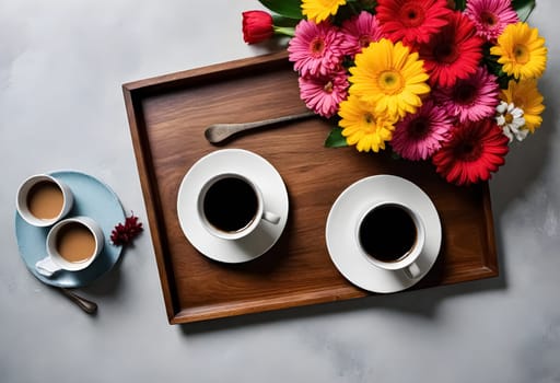 AI generated of two cups of coffee and flowers on a wooden tray