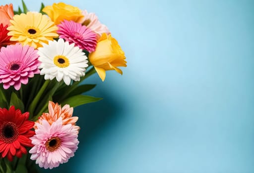 AI generated of a boquet of colorful gerbera flowers on a blue background