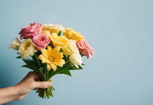 AI generated of a hand holding a bouquet of flowers on blue background