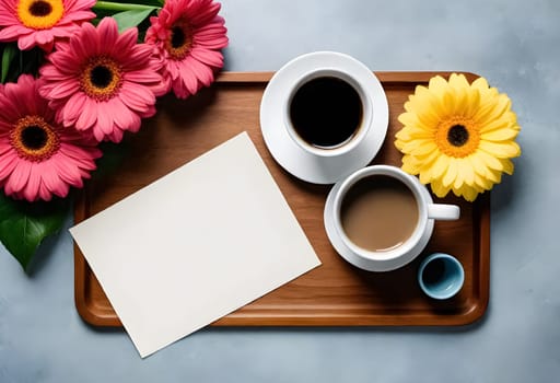 AI generated of coffee and flowers on a tray with blank paper