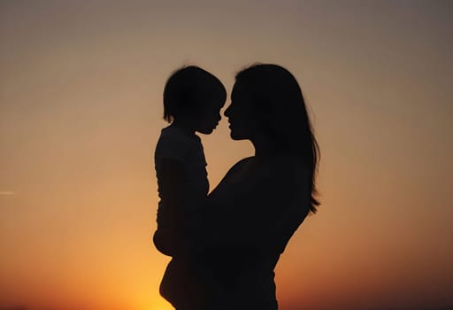AI generated of silhouette of a mother and child at sunset