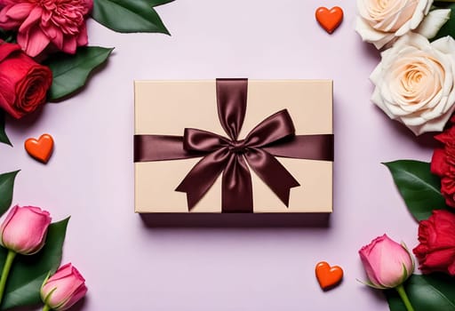 AI genrerated of mother's day gift box with flowers and hearts on pink background