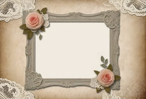 AI generated of vintage frame with roses on lace background photo