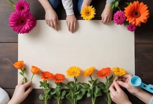 AI generated of childrens hands holding flowers and paper on wooden table