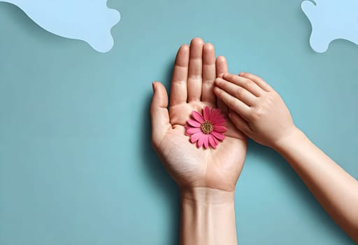 AI generated of mother's hand holding a flower and child's hand holding a flower