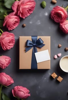 AI genrerated of gift box with pink roses and chocolate on a dark background