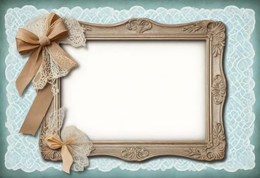AI generated of vintage frame with ribbon and lace on blue background