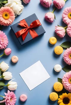 AI genrerated of greeting card with flowers and candy on blue background