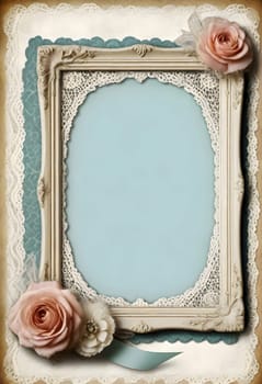 AI generated of vintage frame with roses and lace on a blue background