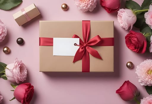 AI genrerated of mother's day gift box with pink roses and gift tag on pink background