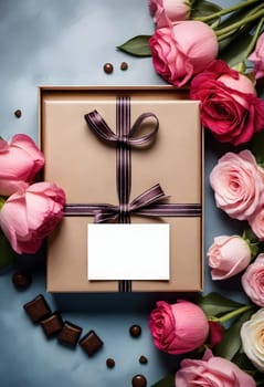 AI genrerated of gift box with flowers and chocolate on blue background