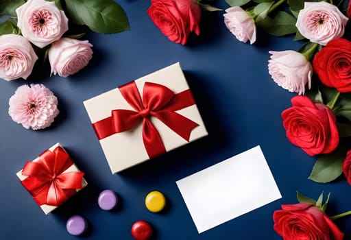 AI genrerated of gift box with red ribbon and flowers on blue background