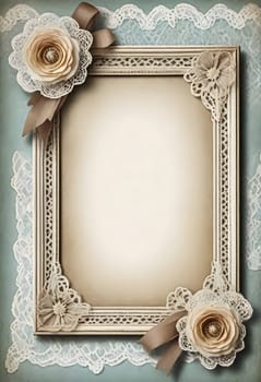 AI generated of vintage frame with lace and roses on blue background