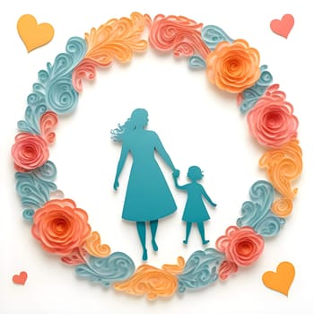 AI generated of a mother and child are holding hands in a wreath of paper flowers