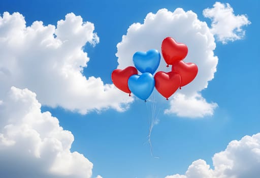 AI generated of red and blue heart shaped balloons in the sky