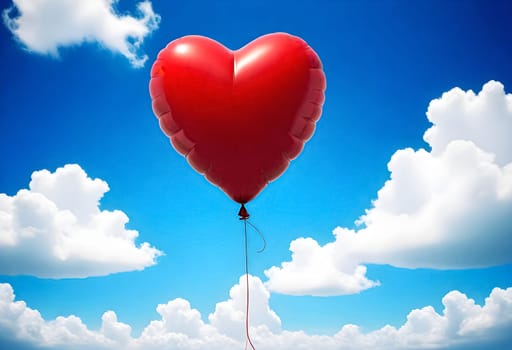 AI generated of a red heart shaped balloon is flying in the sky
