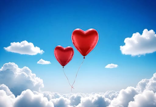 AI generated of two red heart shaped balloons floating in the sky