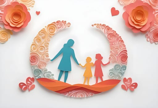 AI generated of paper art of a family with flowers and a mother and daughter