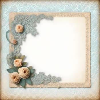 AI generated of vintage frame with roses and lace on blue background