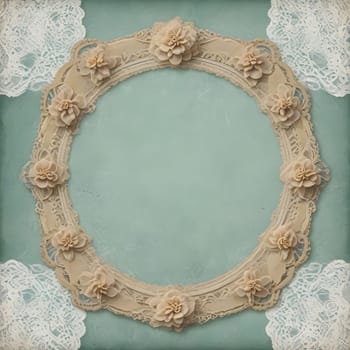 AI generated of vintage frame with lace and flowers on green background