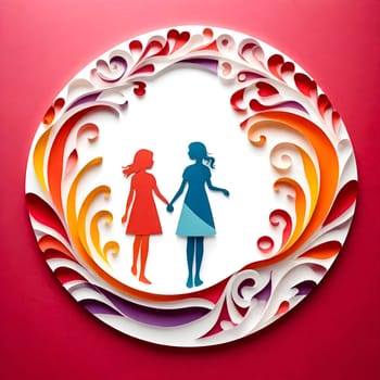 AI generated of paper art of mother and daughter holding hands in a circle